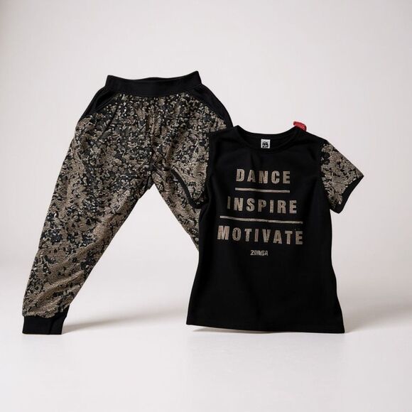 ZUMBA Hip Hop Dance Sweat Pants Top Shirt Set Women Small Rose Sequence Gold - Picture 2 of 16